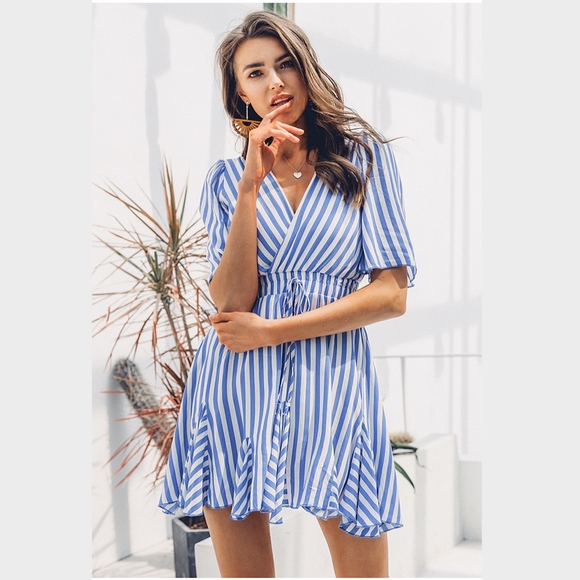 Striped Fit and Flare White & Blue Short Dress - Picture 3 of 8